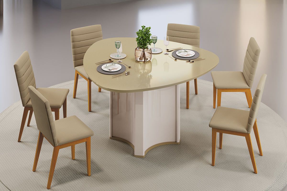 Mesa Jantar Chanel c/Tampo MDF/Vidro Orgânico 136cm DJ Móveis