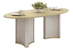 Mesa Jantar Liz c/Tampo Madeirado c/Vidro Oval 218x108cm DJ Móveis - Off White/Dourado