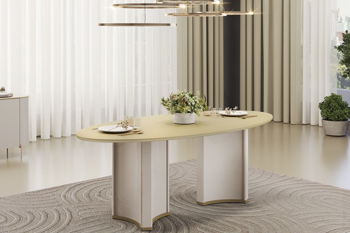 Mesa Jantar Liz c/Tampo Madeirado c/Vidro Oval 218x108cm DJ Móveis