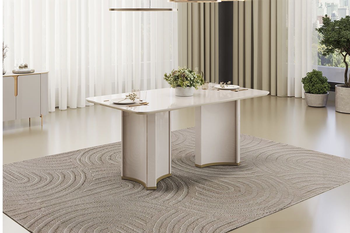 Mesa Jantar Liz c/Tampo Madeirado c/Vidro Curvo 180x100cm DJ MóveisOff White/Off White