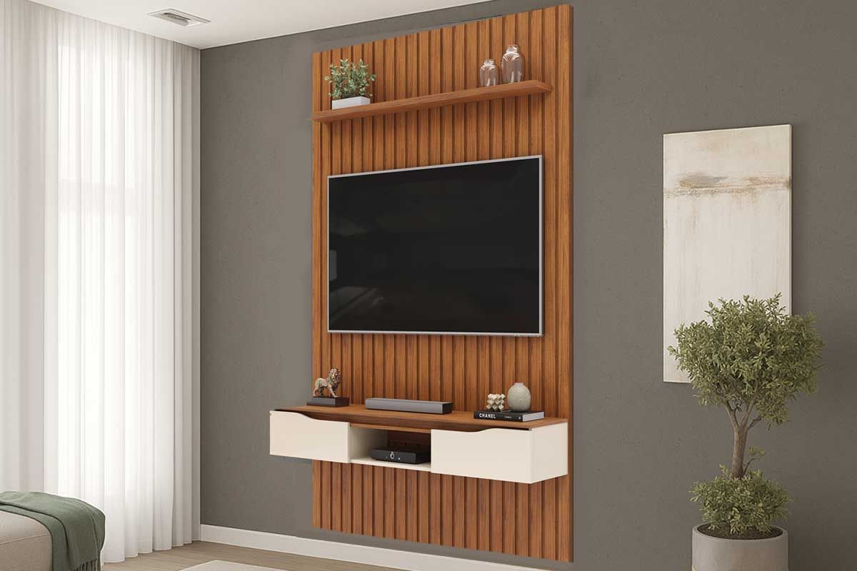 Rack Bancada c/Painel p/ TV Isac 183x240cm - DJ MóveisFreijo/Off White Rack Bancada c/Painel p/ TV Isac 183x240cm - DJ MóveisFreijo/Off White