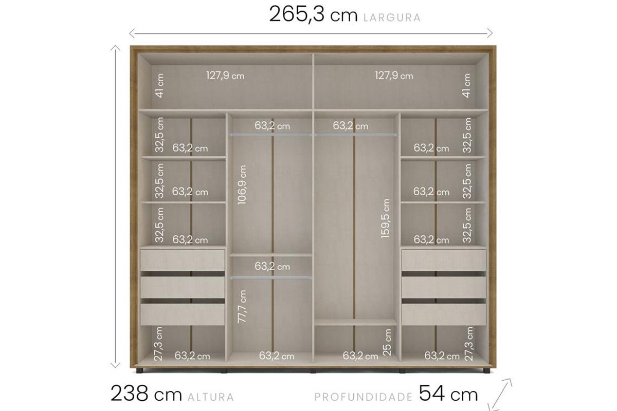 Guarda Roupa Casal 2 Portas de Correr e 6 Gavetas Coimbra Politorno