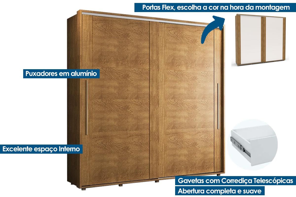 Guarda Roupa Casal 2 Portas de Correr e 6 Gavetas Coimbra Politorno
