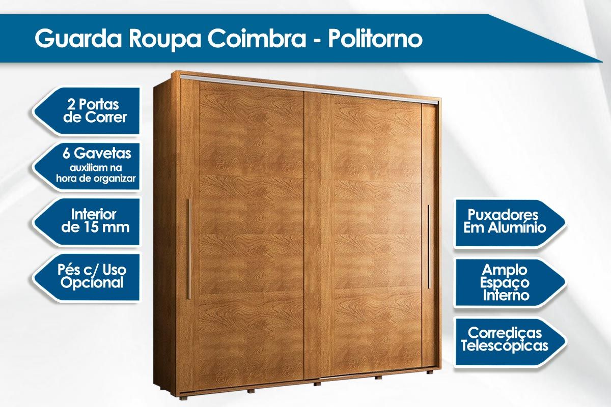 Guarda Roupa Casal 2 Portas de Correr e 6 Gavetas Coimbra Politorno
