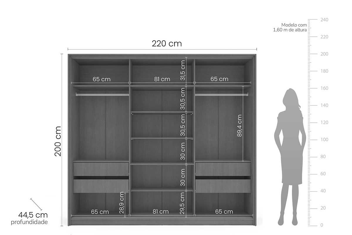 Guarda Roupa Casal 3 Portas de Correr e 4 Gavetas Valência Politorno