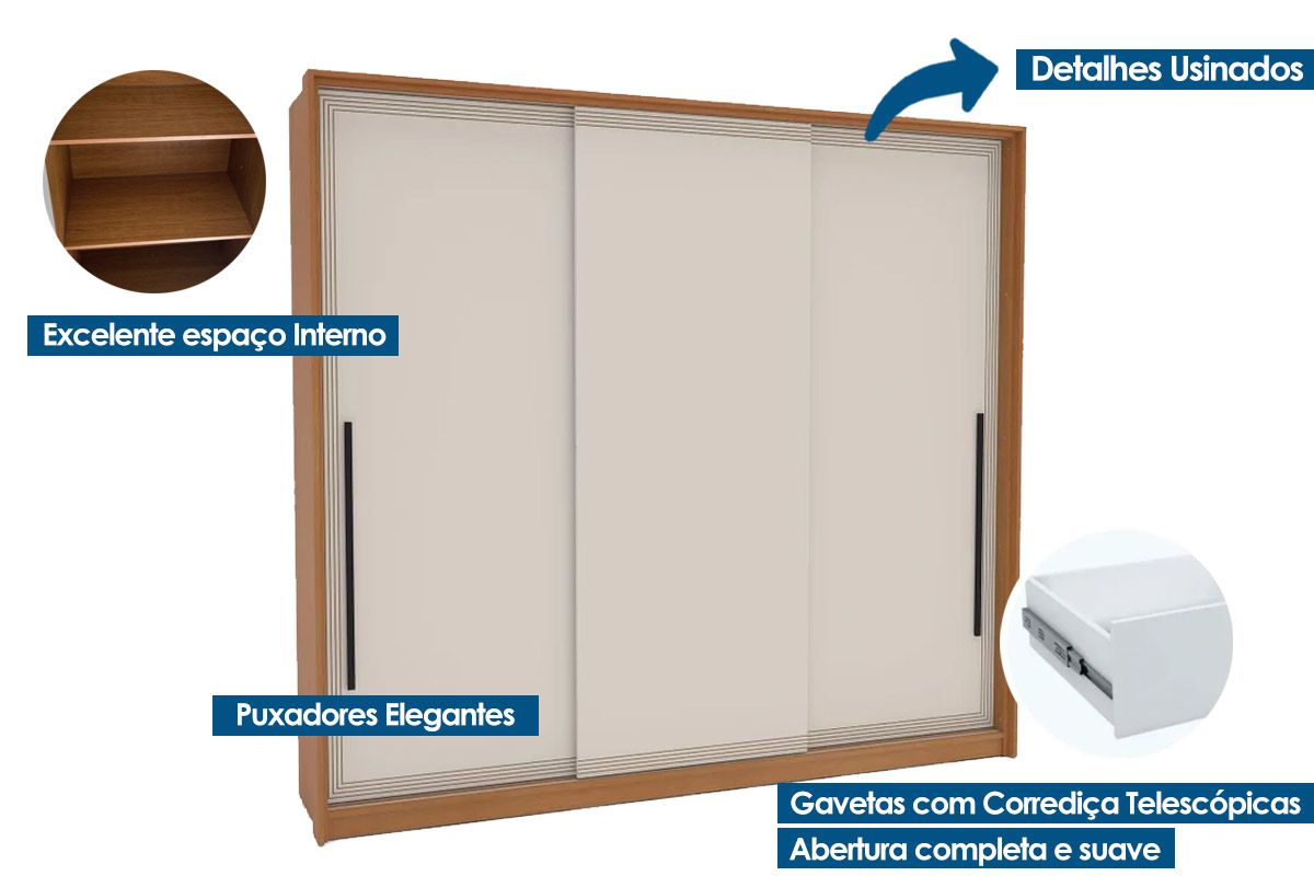 Guarda Roupa Casal 3 Portas de Correr e 4 Gavetas Valência Politorno