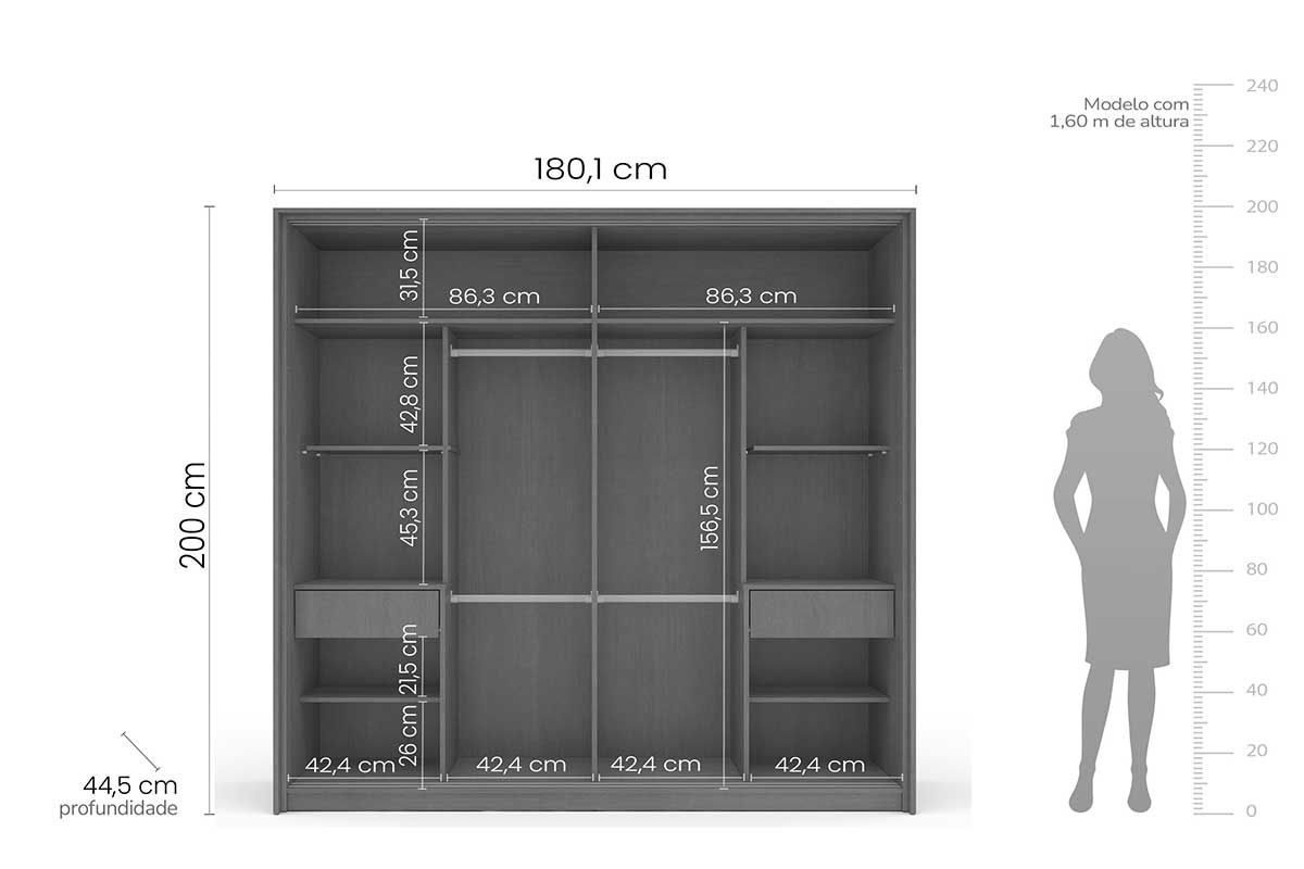 Guarda Roupa Casal 2 Portas de Correr (1 c/espelho) e 2 Gavetas Porto Politorno