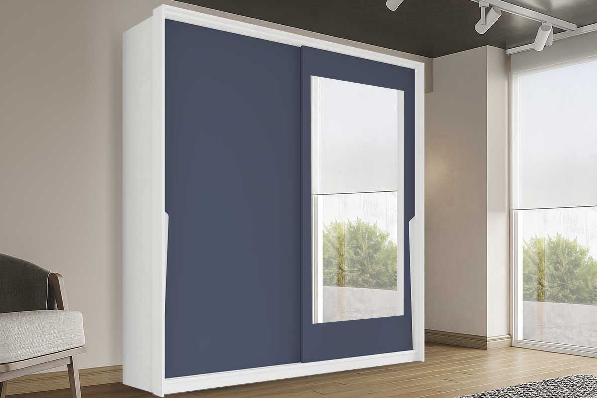 Guarda Roupa Casal 2 Portas de Correr (1 c/espelho) e 2 Gavetas Porto PolitornoBranco/Azul