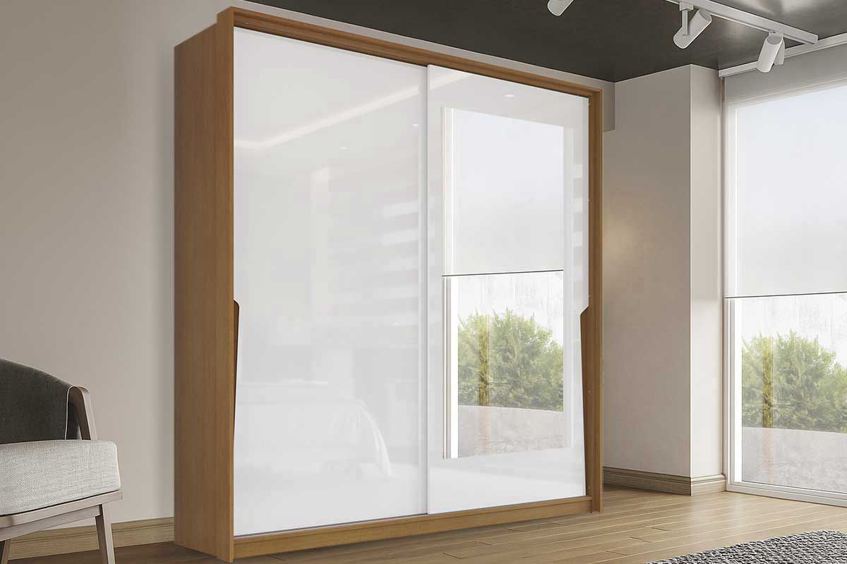 Guarda Roupa Casal 2 Portas de Correr (1 c/espelho) e 2 Gavetas Porto PolitornoFreijo/Branco