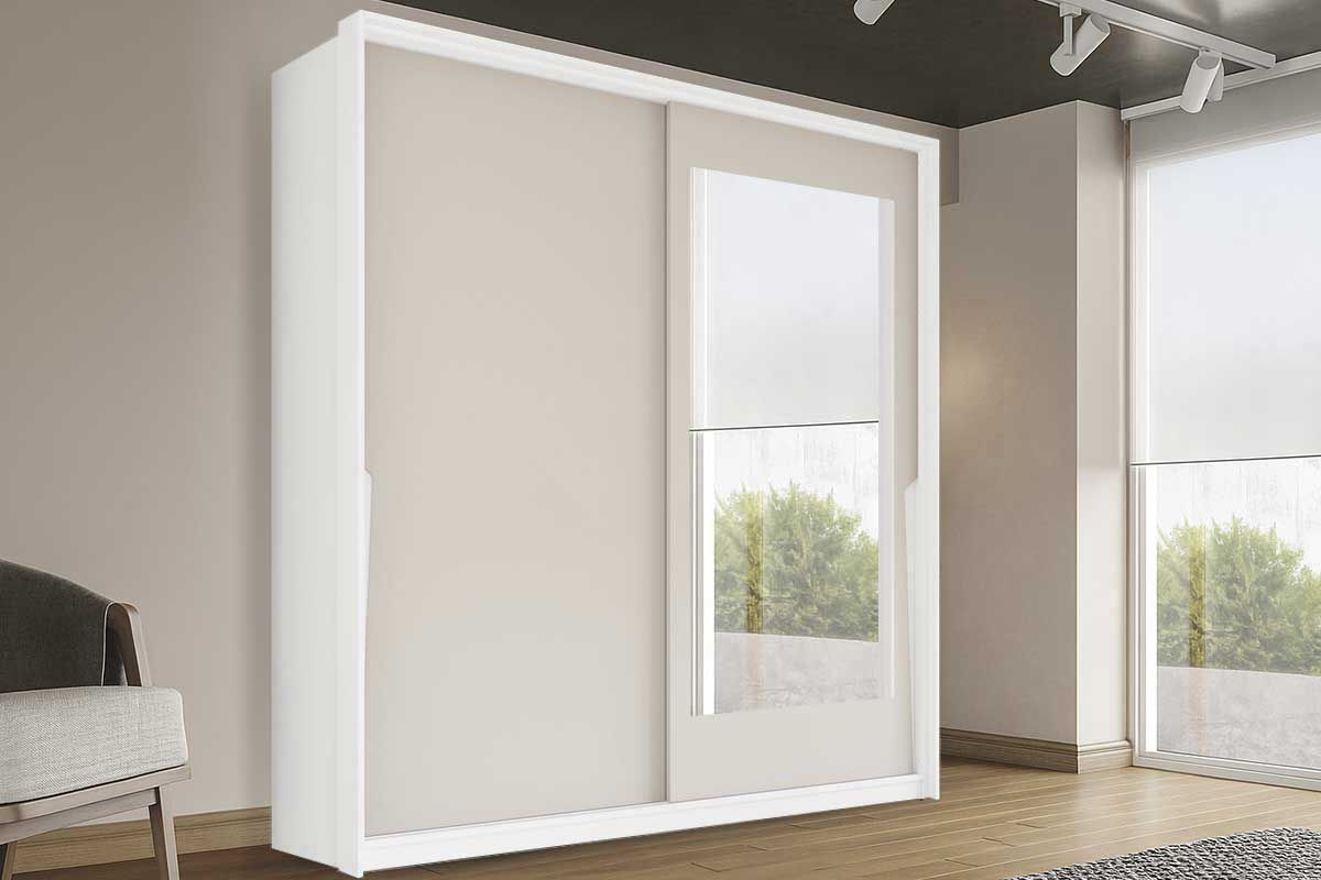 Guarda Roupa Casal 2 Portas de Correr (1 c/espelho) e 2 Gavetas Porto PolitornoBranco/Creme