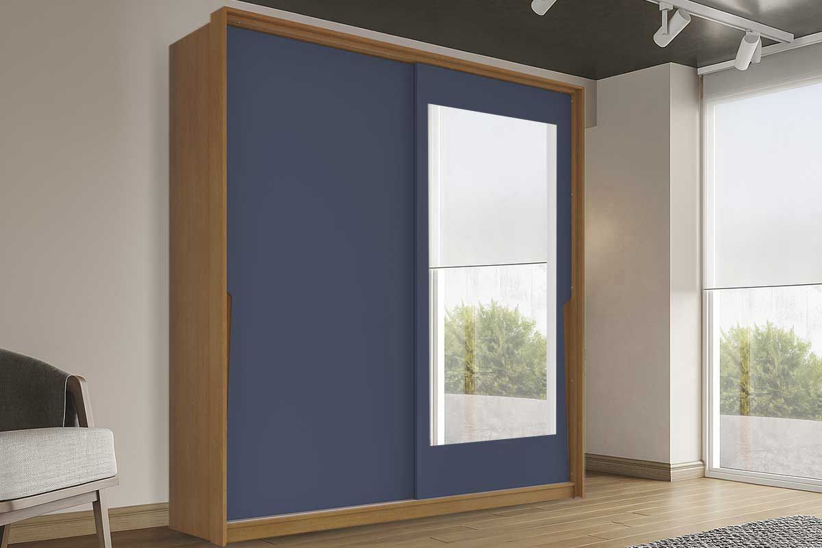 Guarda Roupa Casal 2 Portas de Correr (1 c/espelho) e 2 Gavetas Porto PolitornoFreijo/Azul