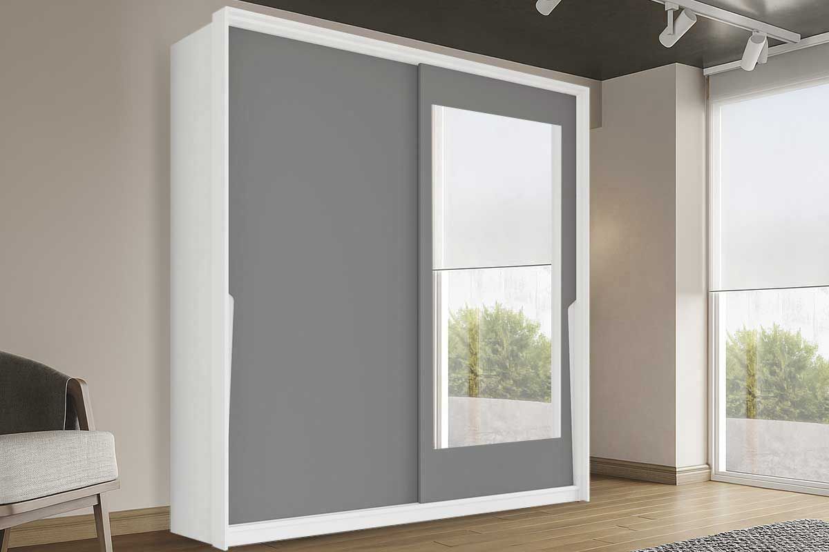 Guarda Roupa Casal 2 Portas de Correr (1 c/espelho) e 2 Gavetas Porto PolitornoBranco/Cinza