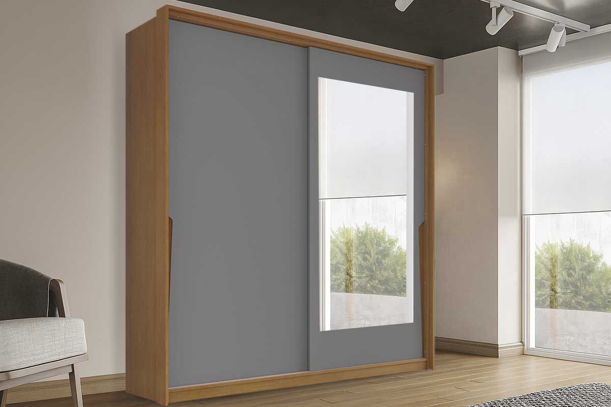 Guarda Roupa Casal 2 Portas de Correr (1 c/espelho) e 2 Gavetas Porto PolitornoFreijo/Cinza