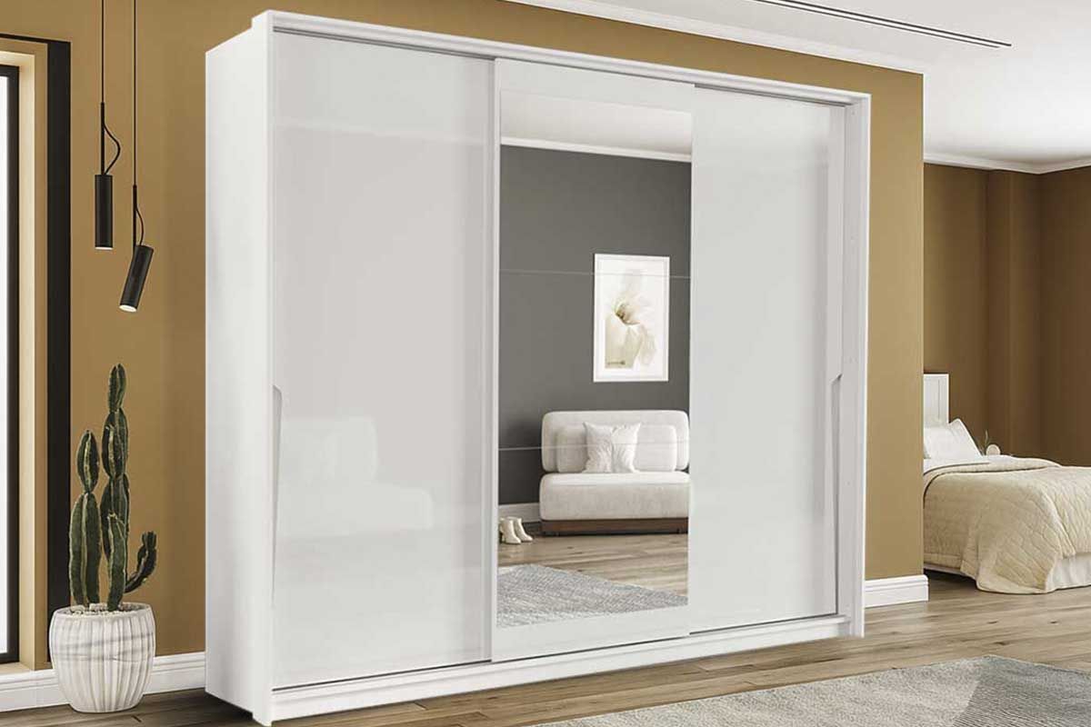 Guarda Roupa Casal 3 Portas de Correr (1 c/espelho) e 4 Gavetas Porto PolitornoBranco