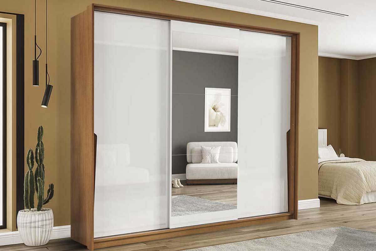 Guarda Roupa Casal 3 Portas de Correr (1 c/espelho) e 4 Gavetas Porto PolitornoFreijo/Branco
