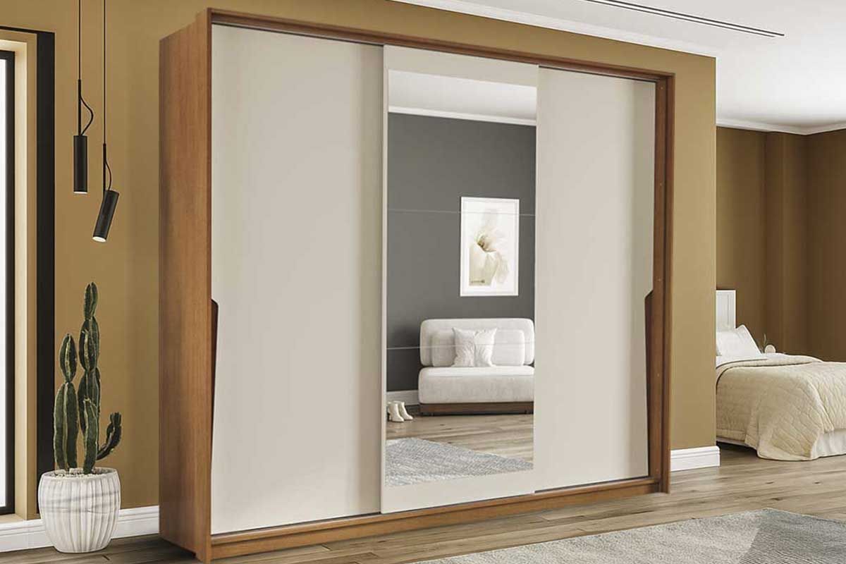 Guarda Roupa Casal 3 Portas de Correr (1 c/espelho) e 4 Gavetas Porto PolitornoFreijo/Creme