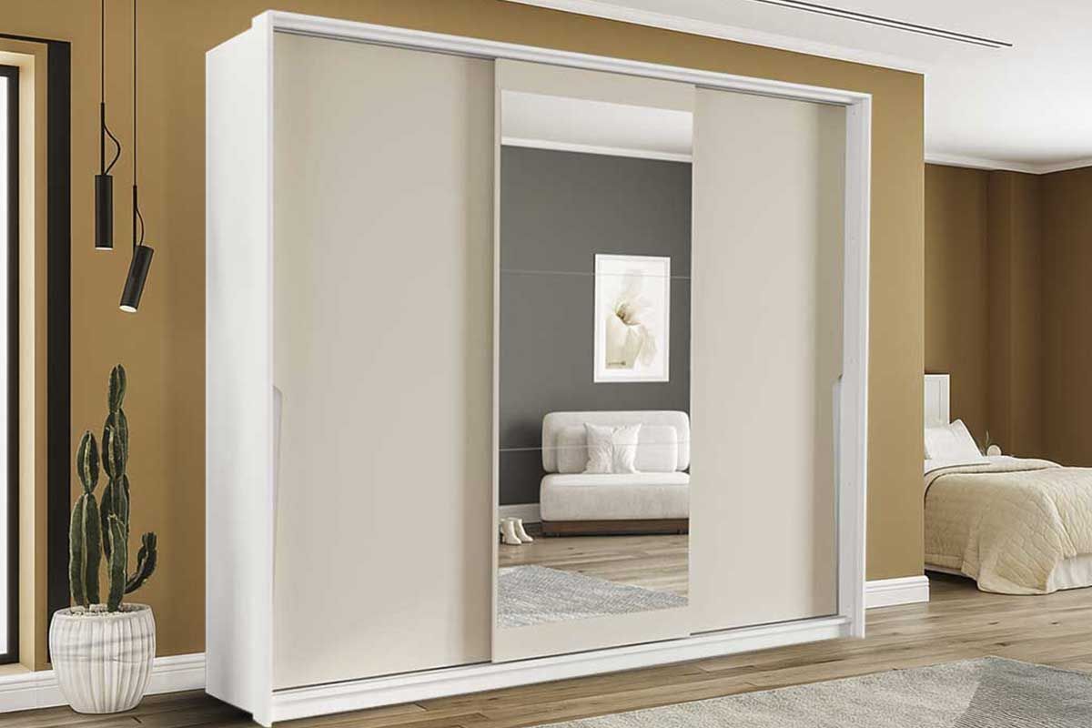 Guarda Roupa Casal 3 Portas de Correr (1 c/espelho) e 4 Gavetas Porto PolitornoBranco/Creme