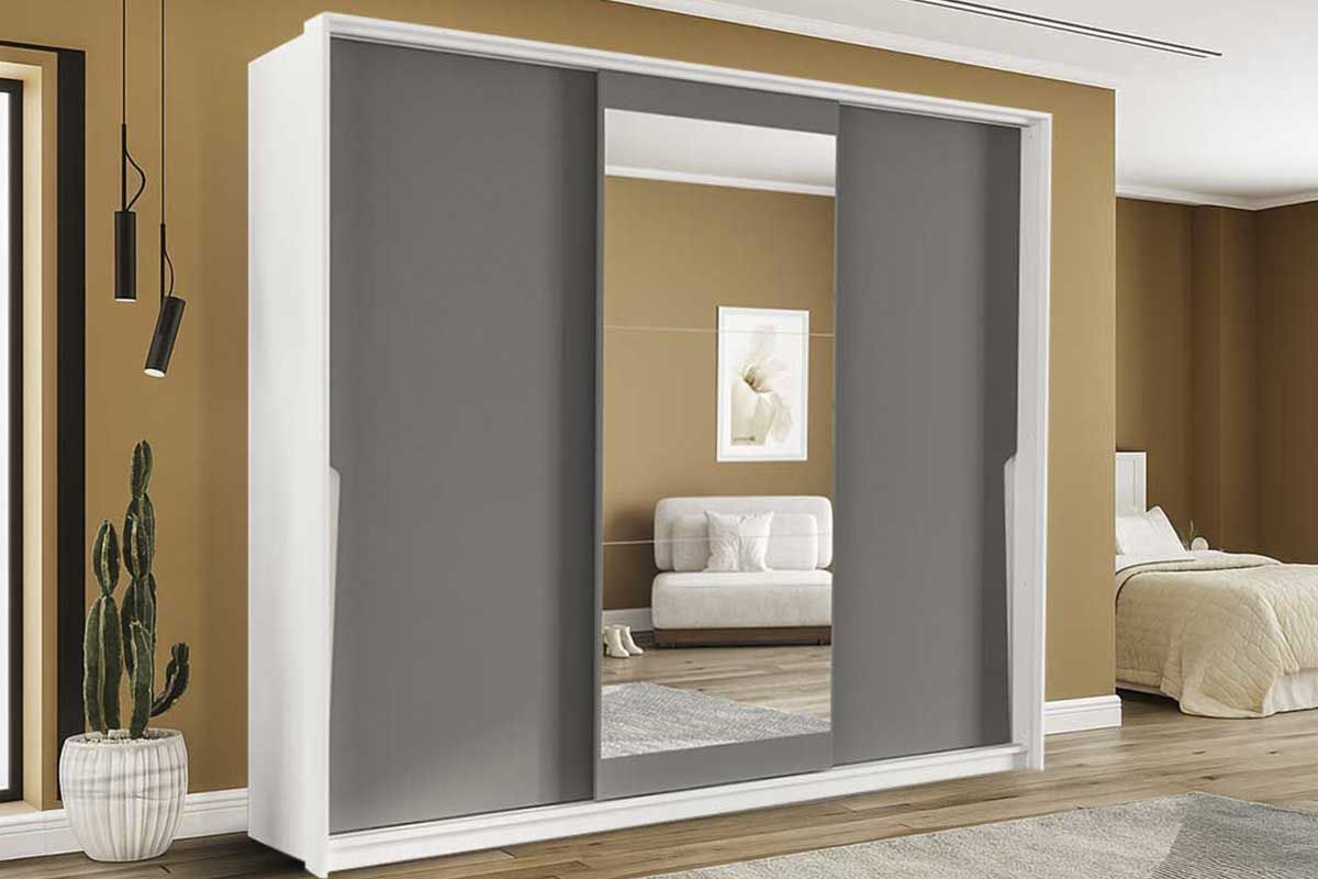 Guarda Roupa Casal 3 Portas de Correr (1 c/espelho) e 4 Gavetas Porto PolitornoBranco/Cinza