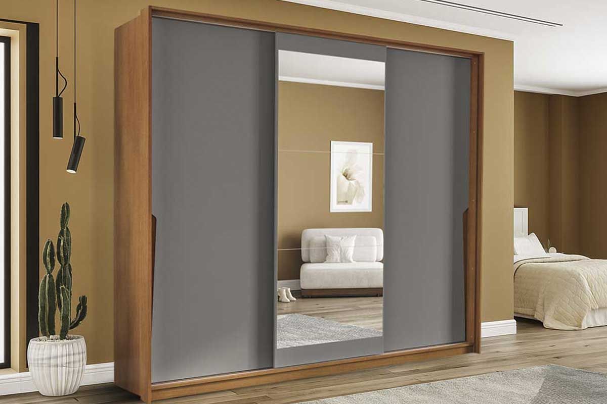 Guarda Roupa Casal 3 Portas de Correr (1 c/espelho) e 4 Gavetas Porto PolitornoFreijo/Cinza