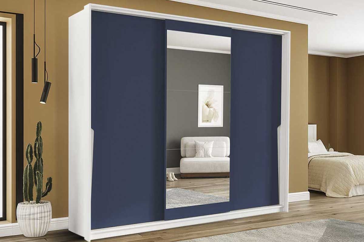 Guarda Roupa Casal 3 Portas de Correr (1 c/espelho) e 4 Gavetas Porto PolitornoBranco/Azul