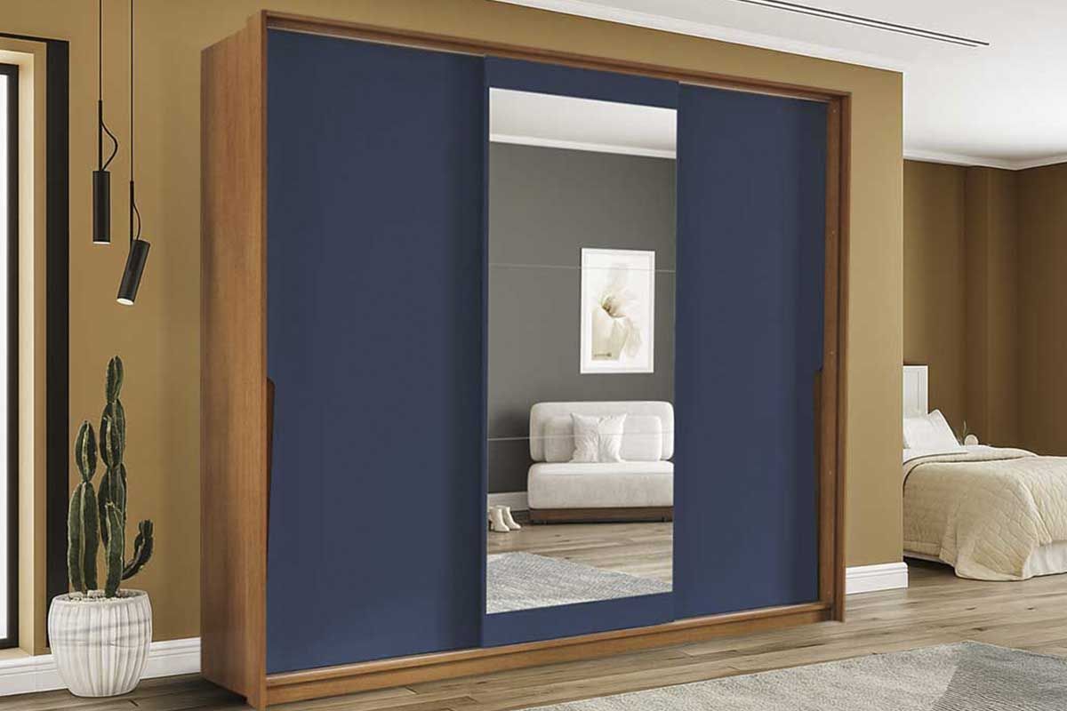 Guarda Roupa Casal 3 Portas de Correr (1 c/espelho) e 4 Gavetas Porto PolitornoFreijo/Azul