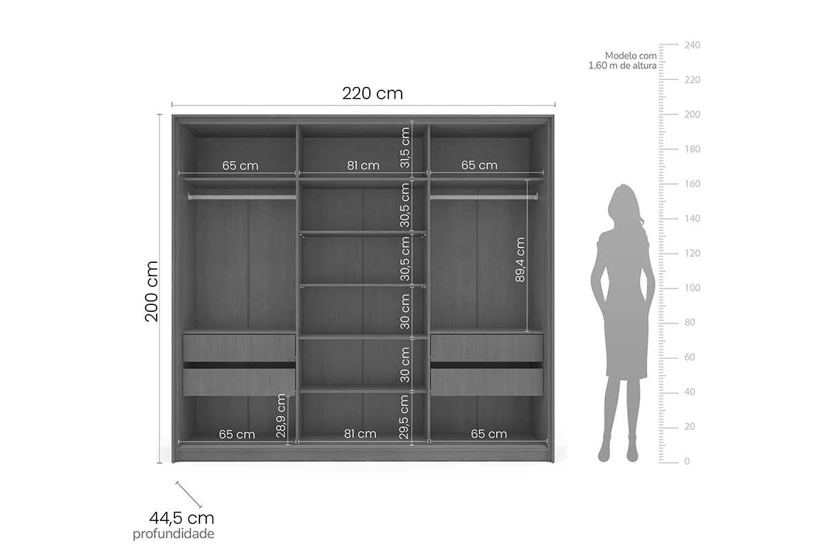 Guarda Roupa Casal 3 Portas de Correr (1 c/espelho) e 4 Gavetas Porto Politorno