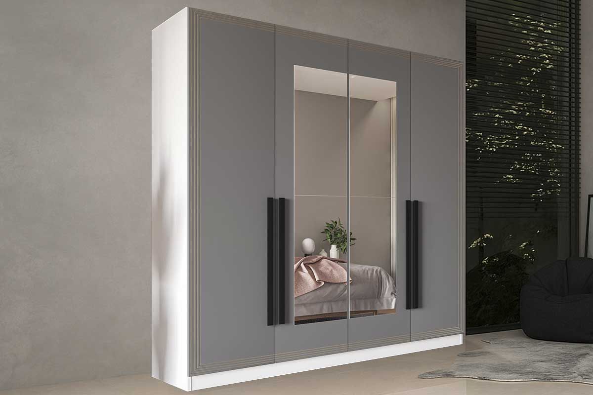 Guarda Roupa Casal 4 Portas (2 c/Espelho) e 4 Gavetas Valência PolitornoBranco/Cinza