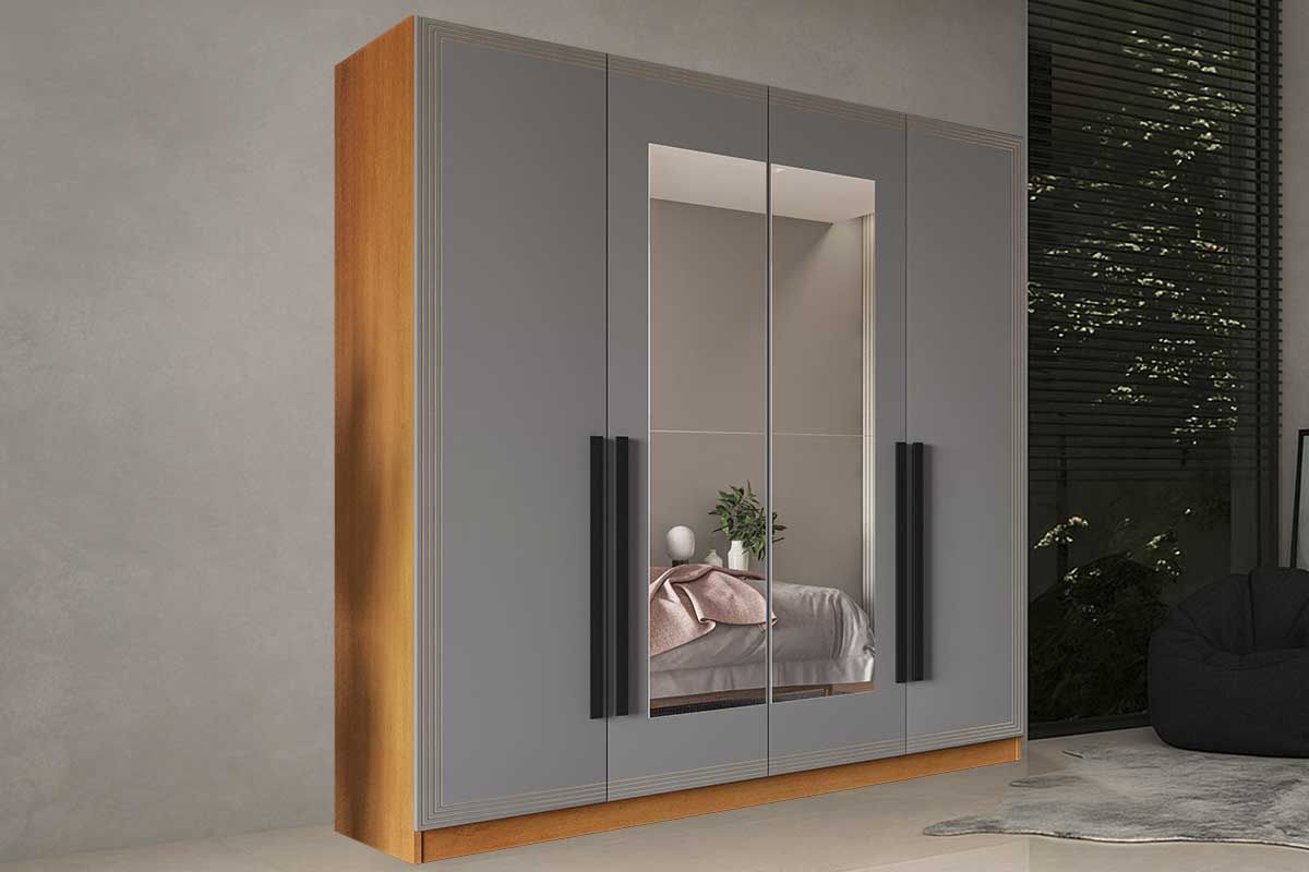 Guarda Roupa Casal 4 Portas (2 c/Espelho) e 4 Gavetas Valência PolitornoFreijo/Cinza