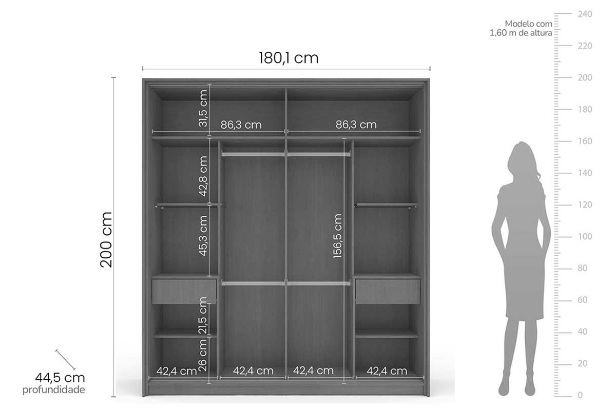 Guarda Roupa Casal 2 Portas de Correr (1 c/espelho) e 2 Gavetas Valência Politorno