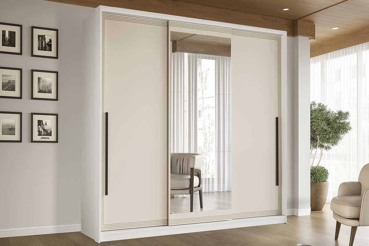 Guarda Roupa Casal 3 Portas de Correr (1 c/espelho) e 4 Gavetas Valência PolitornoBranco/Creme