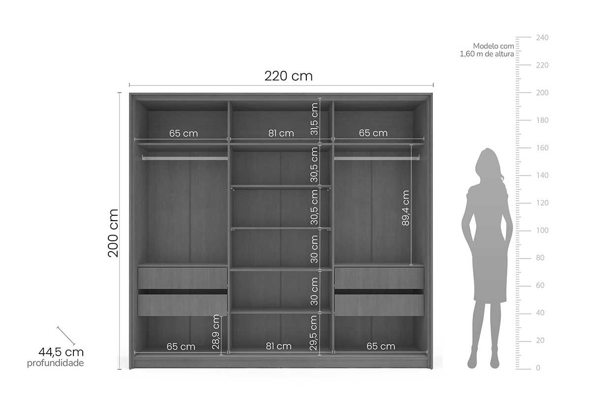 Guarda Roupa Casal 3 Portas de Correr (1 c/espelho) e 4 Gavetas Valência Politorno