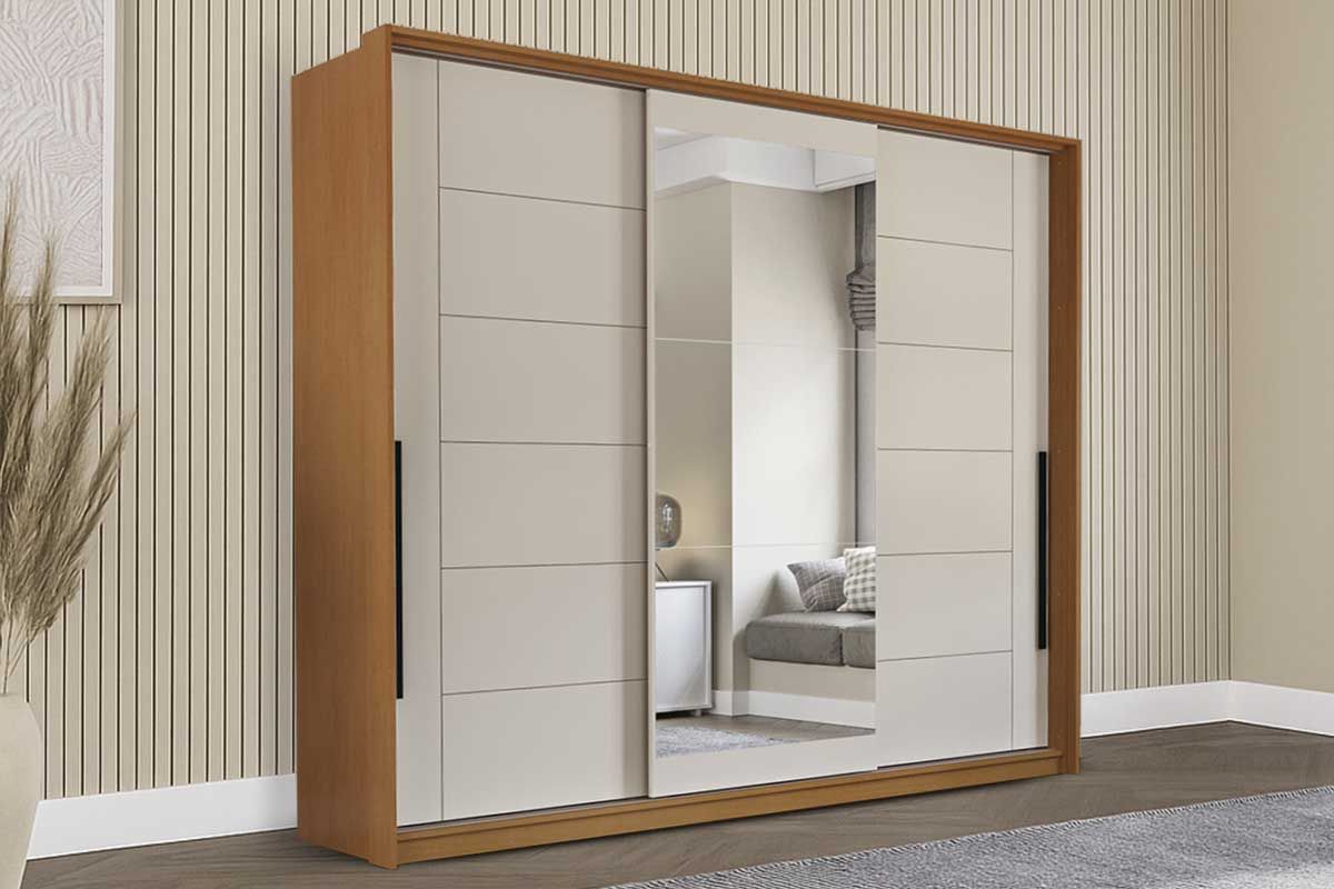 Guarda Roupa Casal 3 Portas de Correr (1 c/espelho) e 4 Gavetas Lisboa Politorno