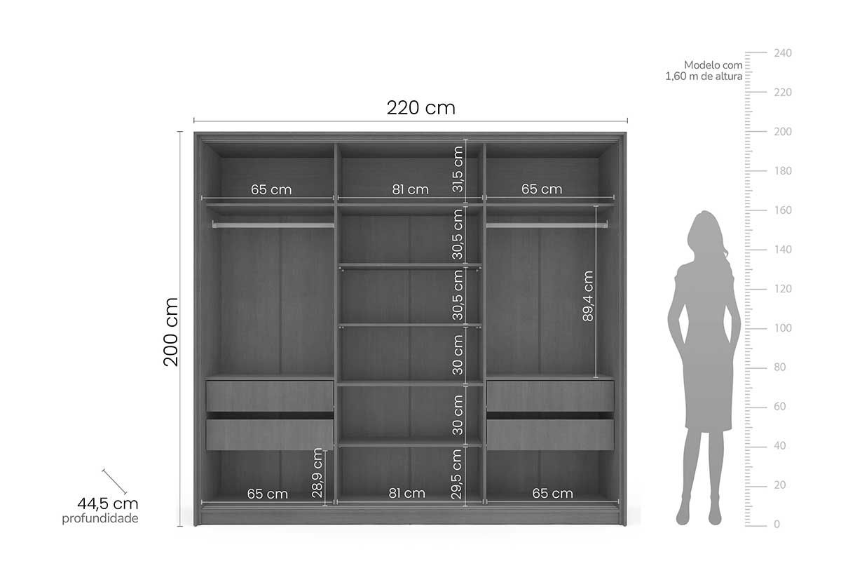 Guarda Roupa Casal 3 Portas de Correr (1 c/espelho) e 4 Gavetas Lisboa Politorno