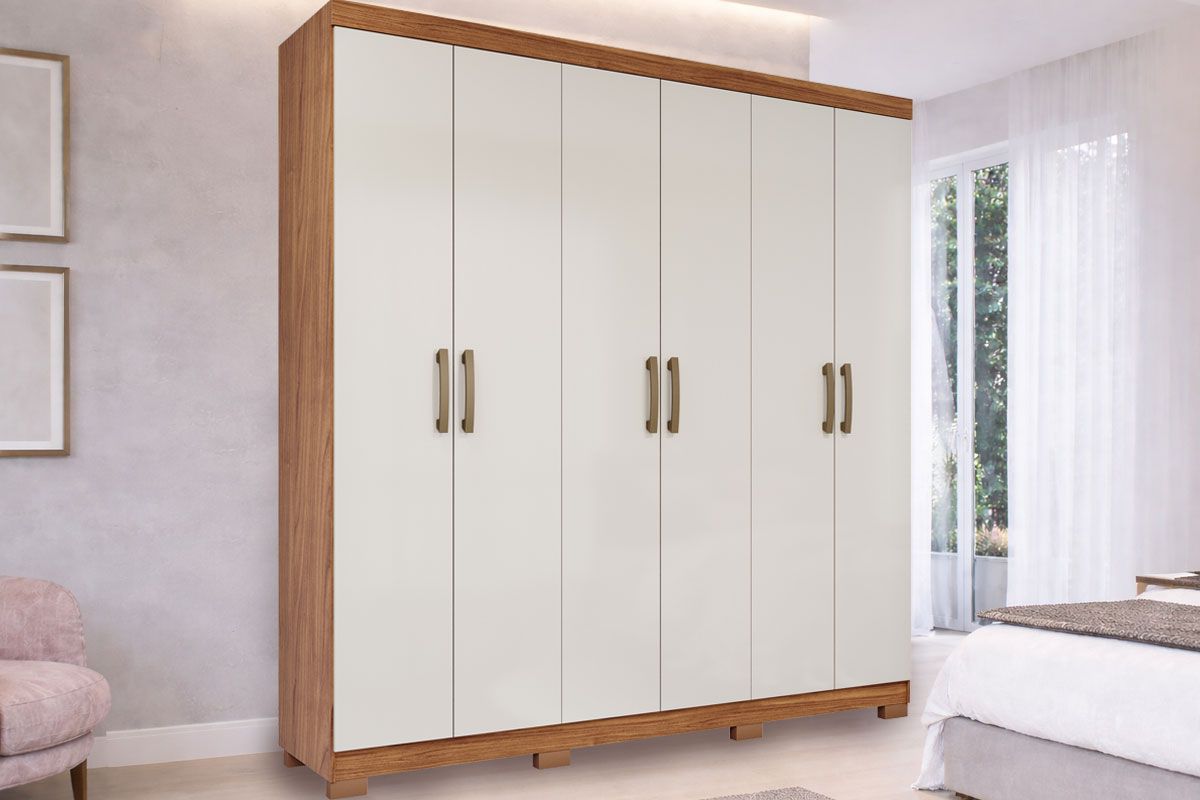 Guarda Roupa Casal 6 Portas e 3 Gavetas c/Espelho Interno Clara PananCinamomo/Off White