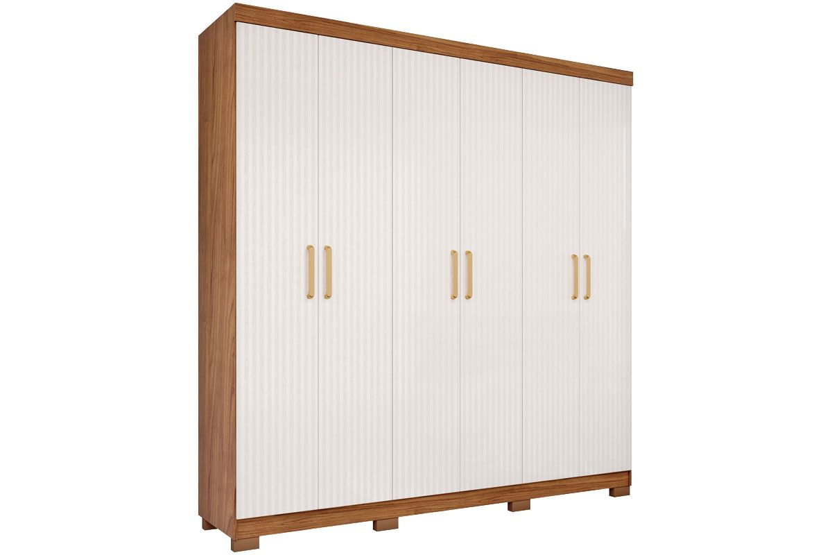 Guarda Roupa Casal 6 Portas e 3 Gavetas c/Espelho Interno Clara PananCinamomo/Off White