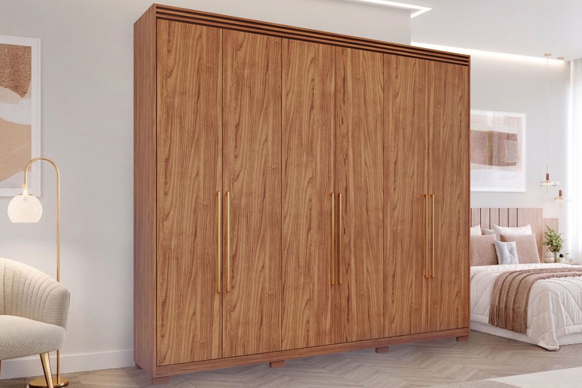 Guarda Roupa Casal 6 Portas e 5 Gavetas c/1 Espelho Interno e Pés Aurora Panan
