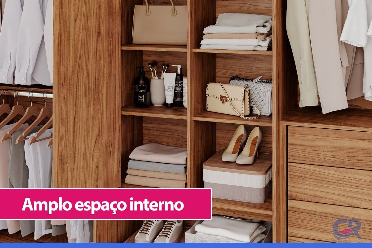 Guarda Roupa Casal 6 Portas e 5 Gavetas c/1 Espelho Interno e Pés Aurora Panan