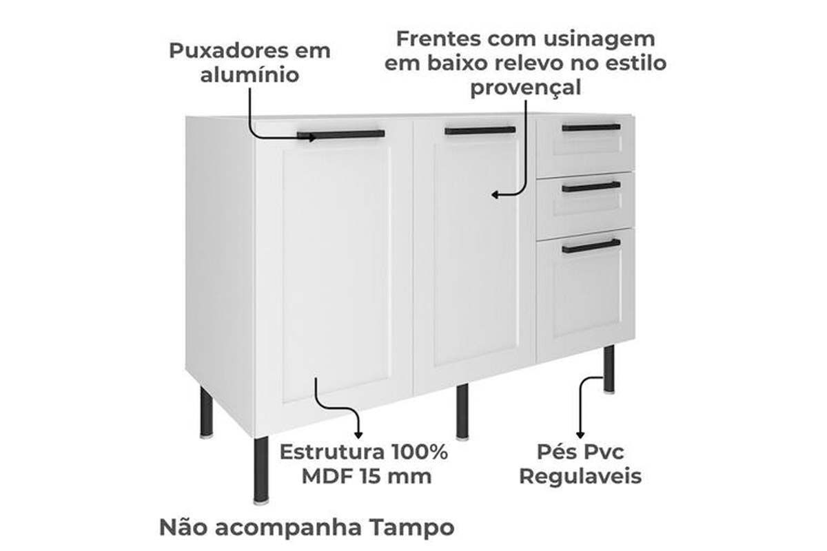Balcão Cozinha Tecno Mobili CZ-3300 s/ Tampo c/2 Portas e 3 Gavetas 120cm