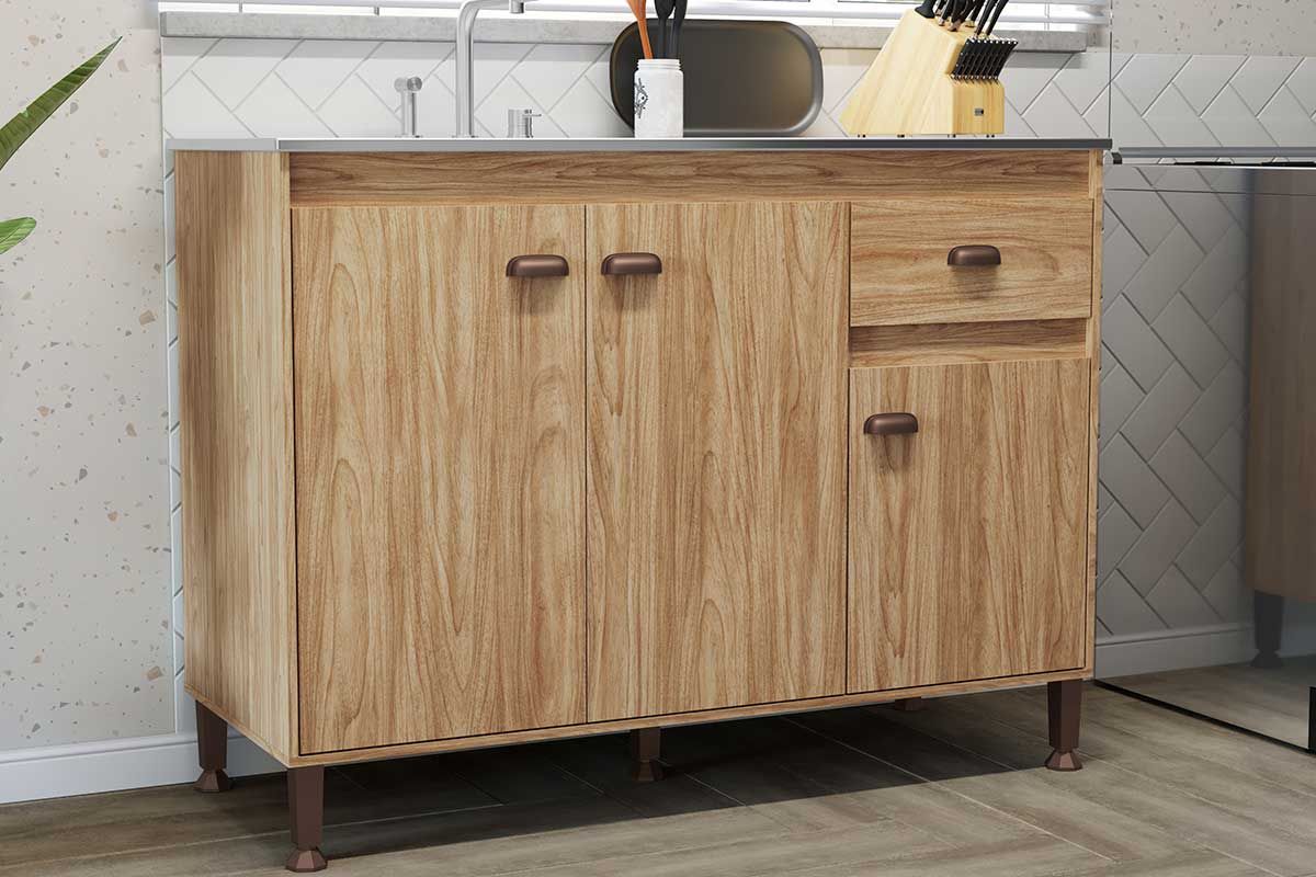 Balcão Cozinha Movelbento Torino c/3 Portas e 1 Gaveta s/ Tampo 120cmMel Balcão Cozinha Movelbento Torino c/3 Portas e 1 Gaveta s/ Tampo 120cmMel