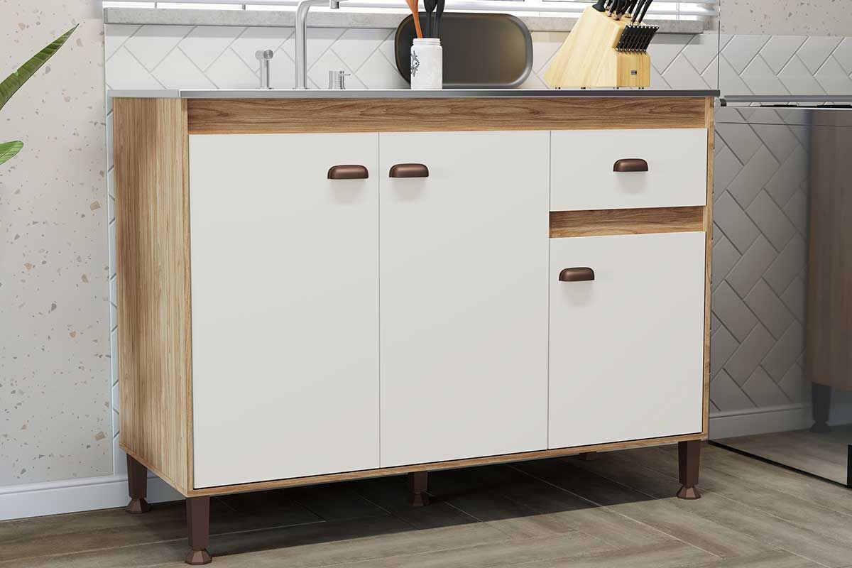 Balcão Cozinha Movelbento Torino c/3 Portas e 1 Gaveta s/ Tampo 120cmMel/Off White Balcão Cozinha Movelbento Torino c/3 Portas e 1 Gaveta s/ Tampo 120cmMel/Off White