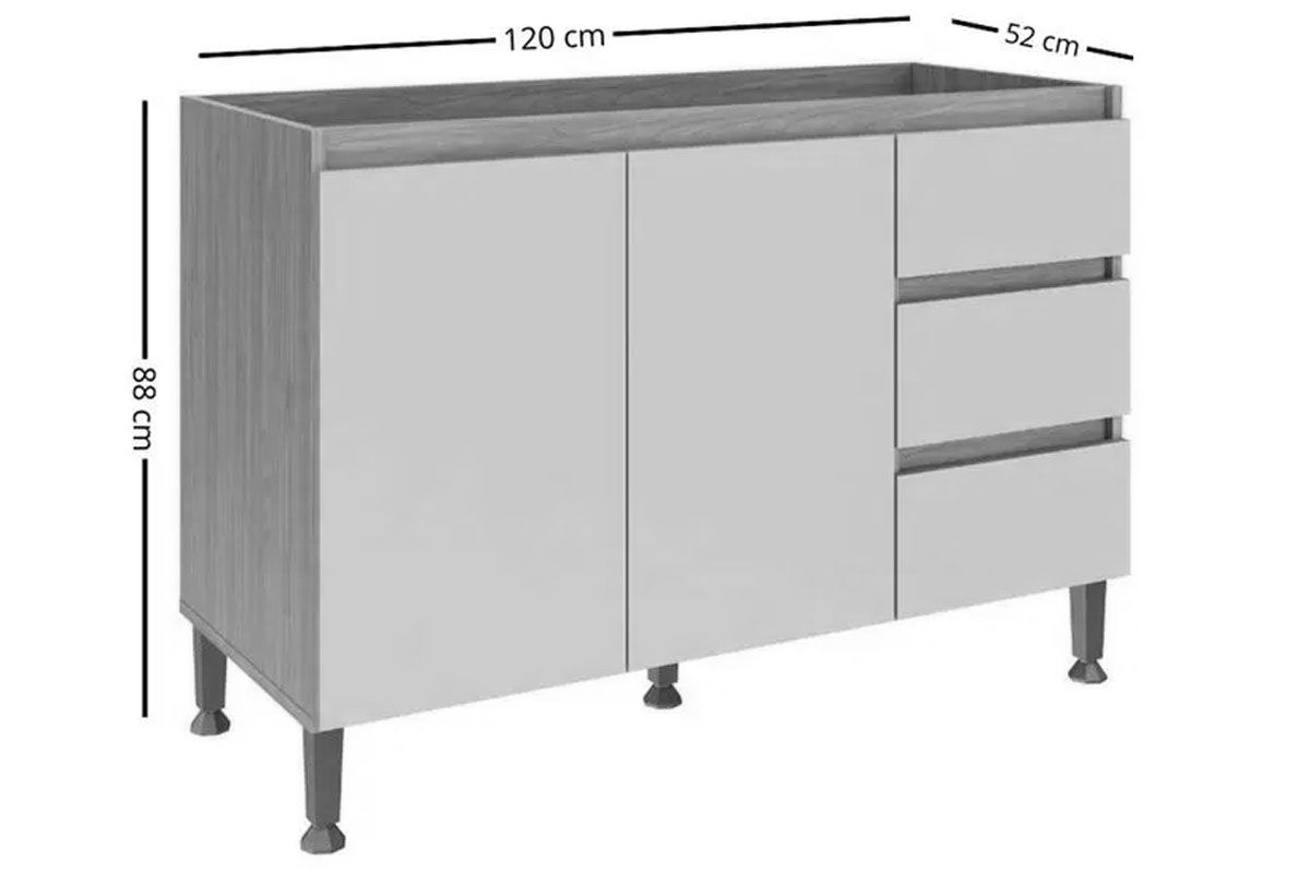Balcão Cozinha Movelbento Rebeca c/2 Portas 3Gavs s/Tampo 120cm