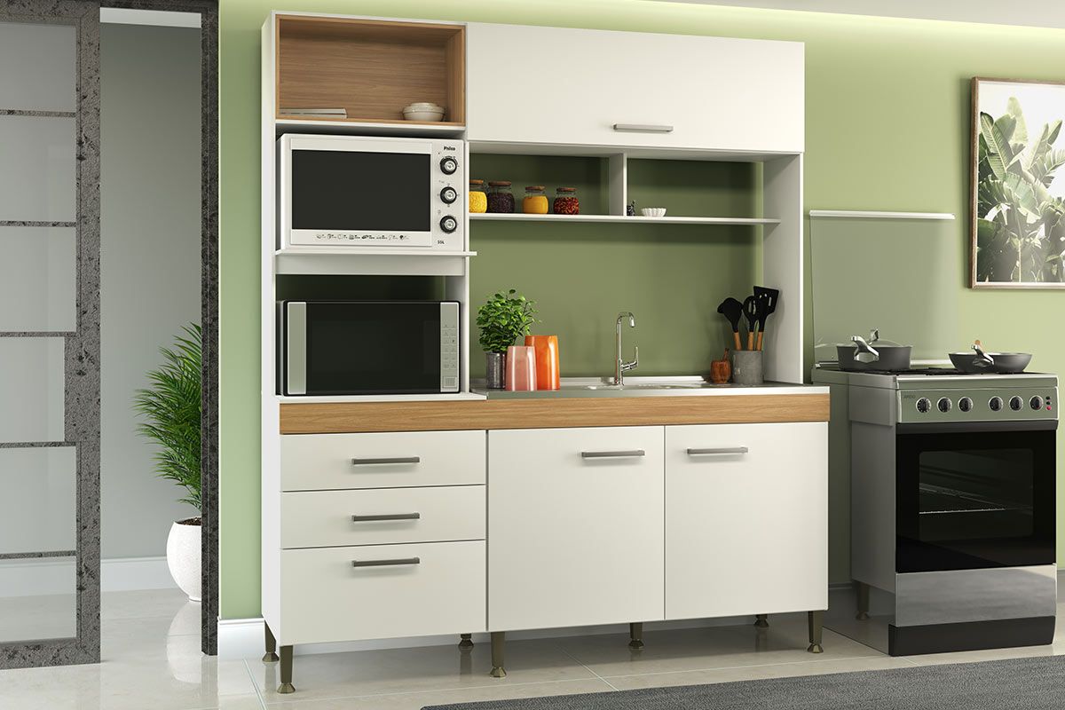 Cozinha Compacta Movelbento Isis c/3 Portas e 3 GavetasBranco/Mel Cozinha Compacta Movelbento Isis c/3 Portas e 3 GavetasBranco/Mel