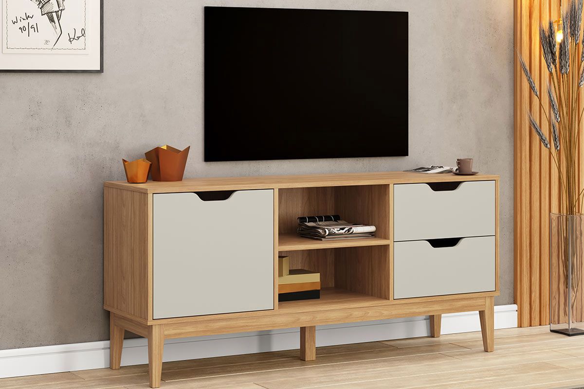 Rack Bancada p/ TV até 55 Pol MB 1096 c/2 Gavetas 136cm MovelbentoMel/Off White