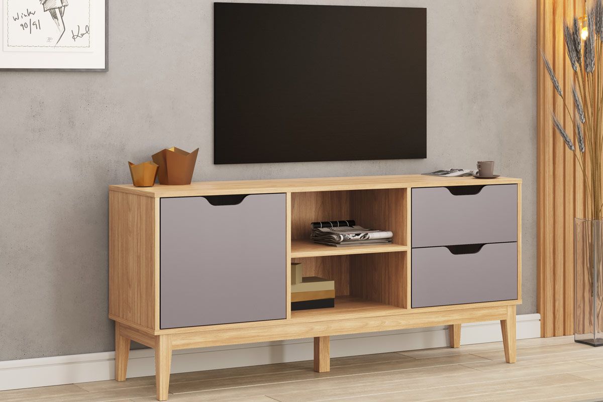 Rack Bancada p/ TV até 55 Pol MB 1096 c/2 Gavetas 136cm MovelbentoMel/Cinza
