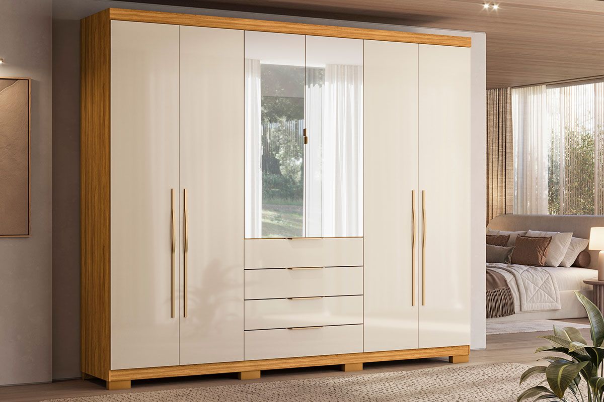 Guarda Roupa Casal 6 Portas (2 c/Espelho) e 4 Gavetas c/Pés Giardino DemóbileCinamon/Off White