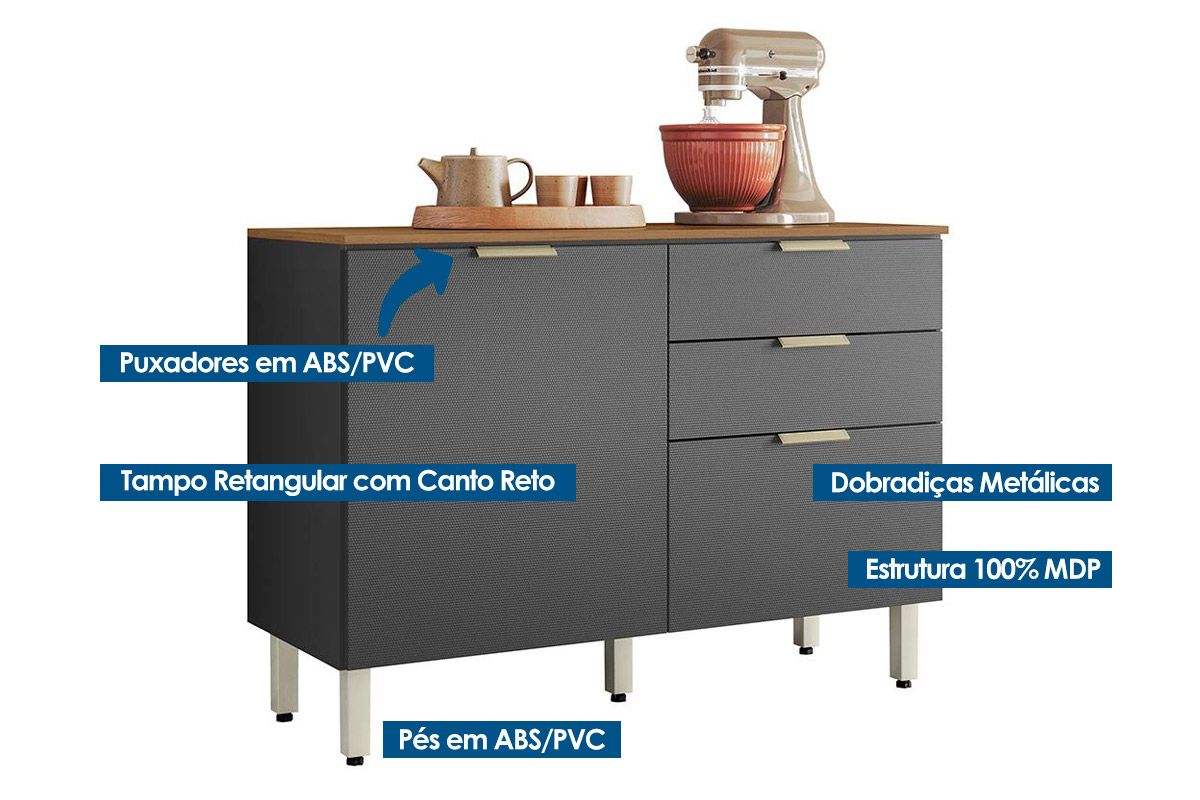 Balcão Cozinha Demóbile Alba c/2 Portas 2Gavs 120cm