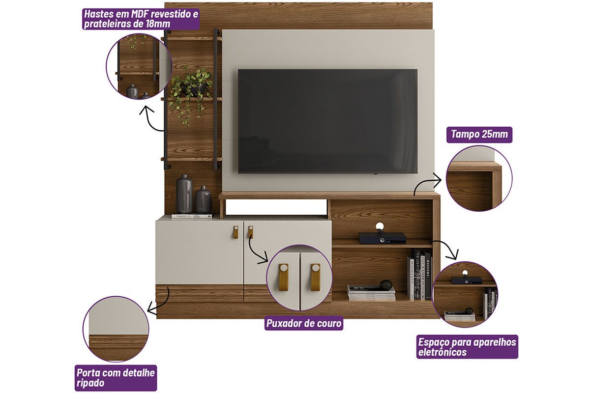 Home p/ TV até 50 Pol Alagoas c/2Portas 4Prateleiras e Pés 160x187cm Linea Brasil