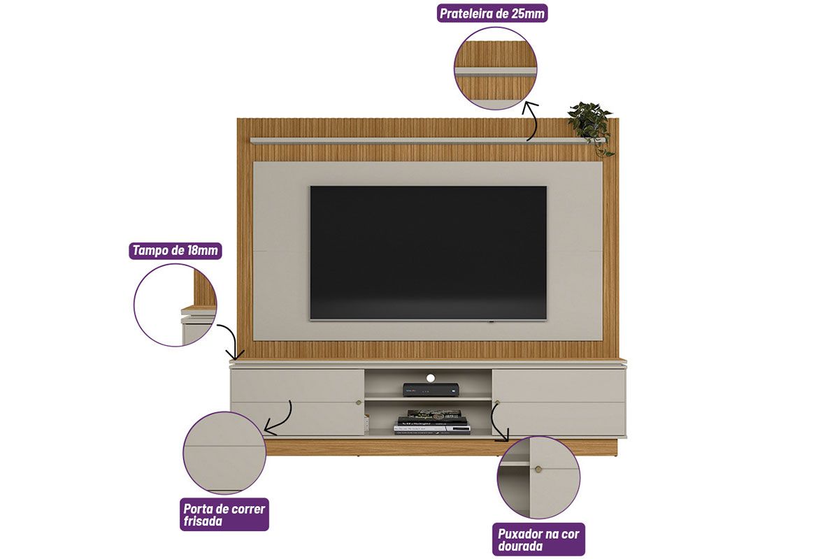 Home p/ TV até 75 Pol Guararapes Ripado c/2 Portas 2 Prateleiras 215x191cm Linea Brasil Home p/ TV até 75 Pol Guararapes Ripado c/2 Portas 2 Prateleiras 215x191cm Linea Brasil
