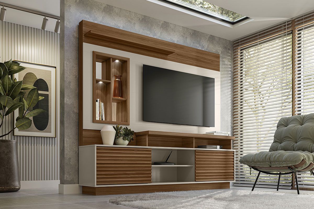 Home p/ TV até 60 Pol Eldorado c/Portas Ripada Prateleiras e Nicho c/Espelho 200x181cm Linea Brasil Home p/ TV até 60 Pol Eldorado c/Portas Ripada Prateleiras e Nicho c/Espelho 200x181cm Linea Brasil