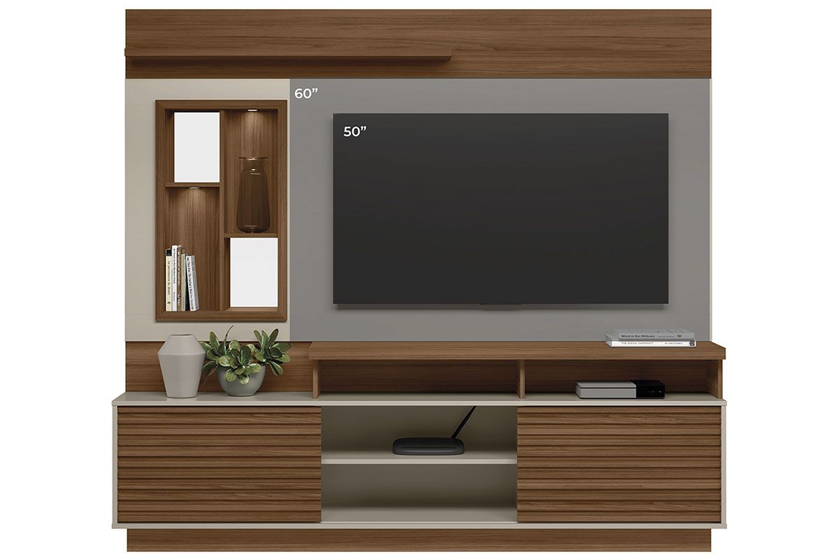Home p/ TV até 60 Pol Eldorado c/Portas Ripada Prateleiras e Nicho c/Espelho 200x181cm Linea Brasil